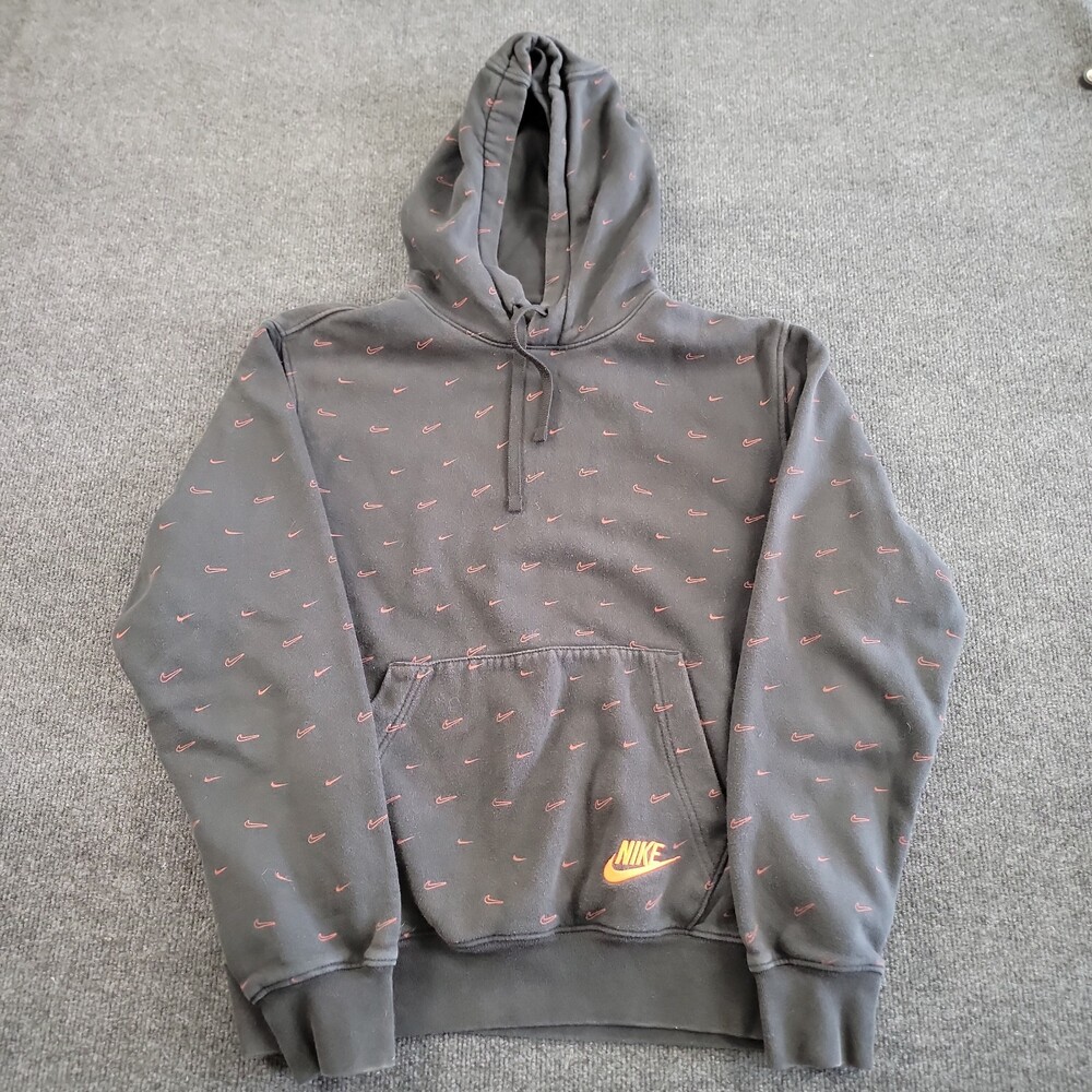 Nike Club Fleece Swoosh All Over Logo Print Men's Hoodie Black Sweatshirt M